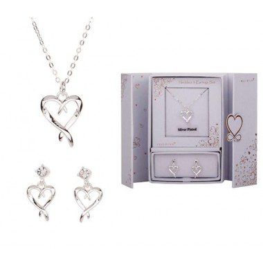 Silver Plated Silver Heart Shaped Necklace and Earrings Gift Set
