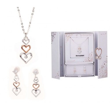 Two Tone Heart Shaped Necklace and Earring Gift Set - Image 2
