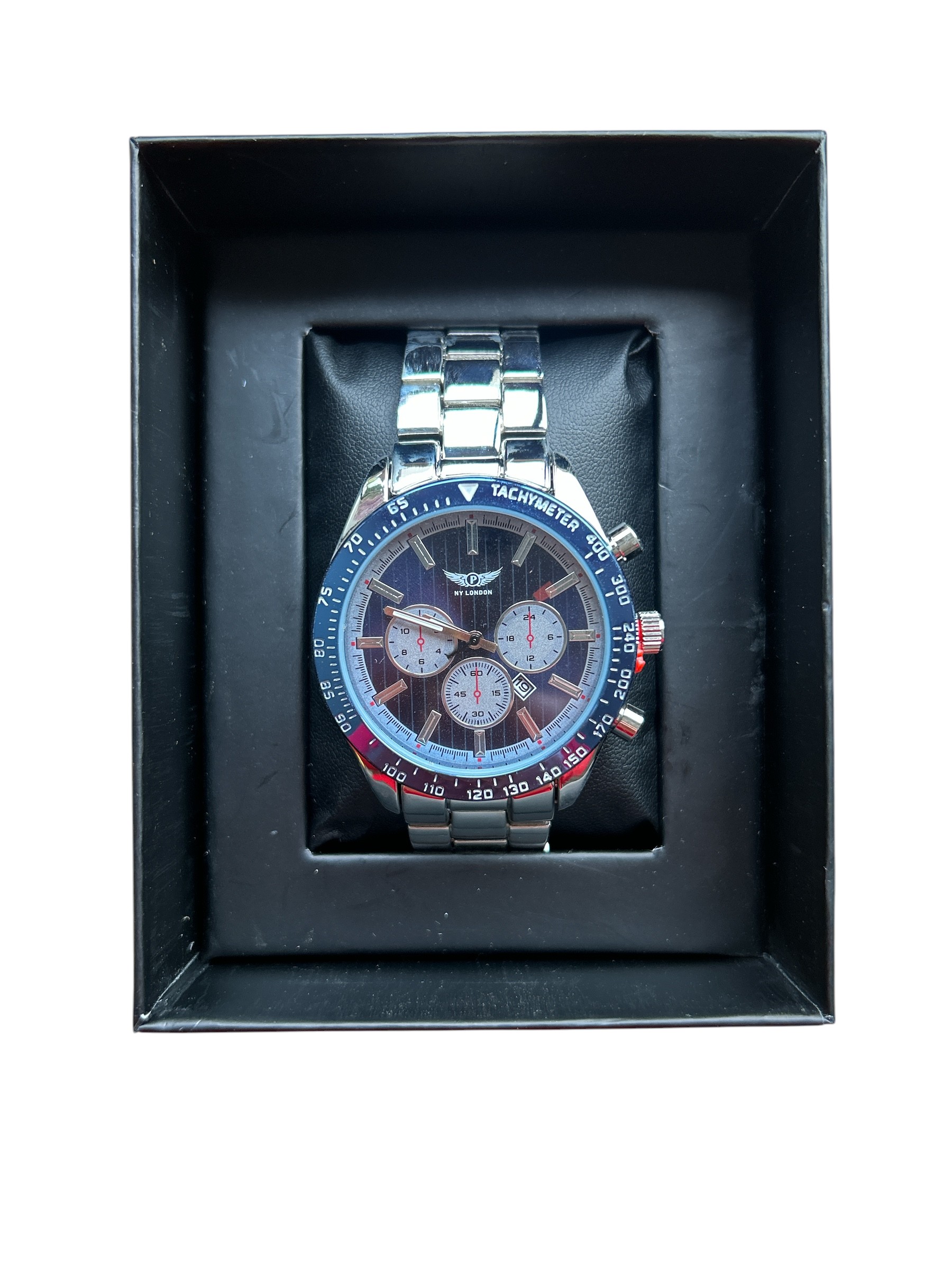 NY London Mens Silver Plated Watch with Blue Outer Ring