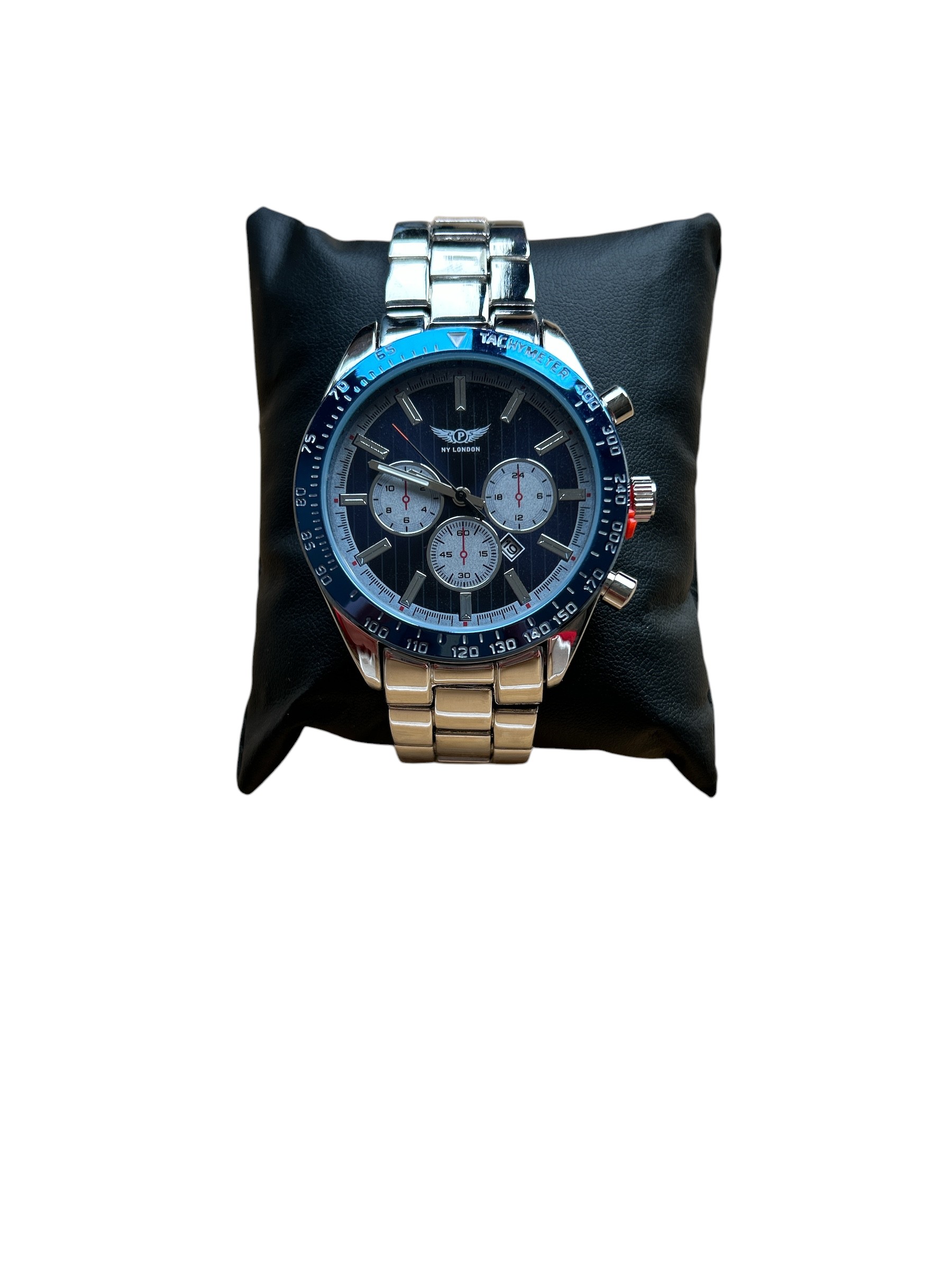 NY London Mens Silver Plated Watch with Blue Outer Ring - Image 2
