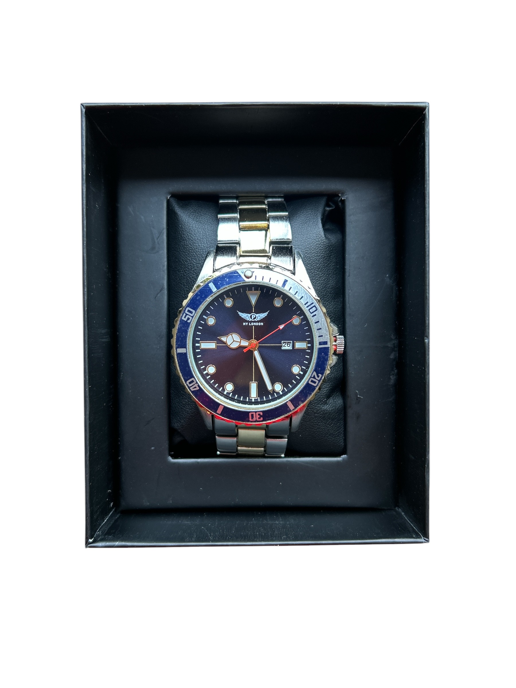 NY London Mens Silver Plated Watch with Blue and Silver Outer Ring